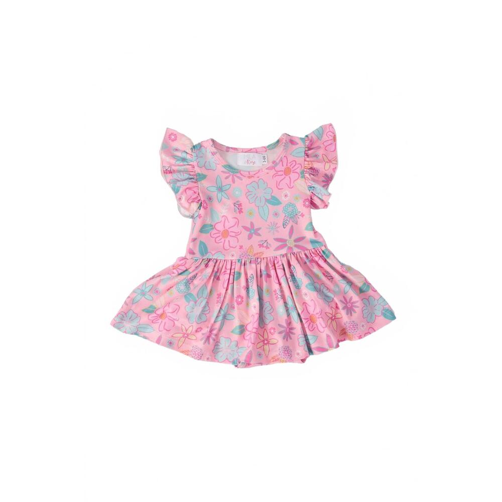 NEW MILA & ROSE kids beachy blooms flutter sleeve twirl bodysuit in pink